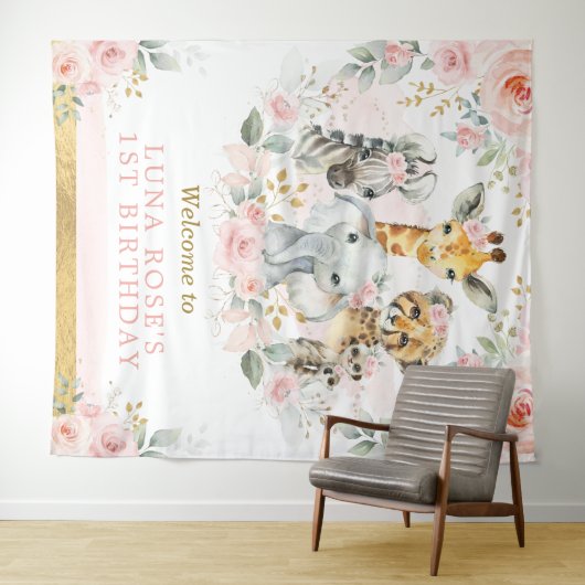 Wilde Jungle Tiere Rosa Blumengeburt Willkommen Wandteppich (Beispiel (Horizontal))