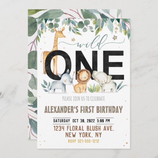 Wilde Jungtiere zum ersten Geburtstag Einladung (Vorne/Hinten)