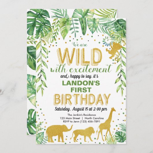 Wilde Jungtiere zum Geburtstag Einladung Jungle Sa (Vorne/Hinten)