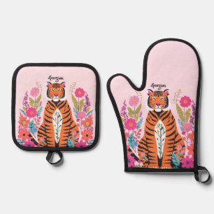 Wilde Katze Tiger Rosa Personalisiert Ofenhandschuh & Topflappen-Set