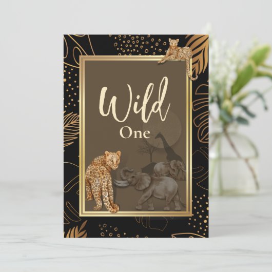 Wilde Leopardengolddusche schwarze Einladungen (Stehend Vorderseite)