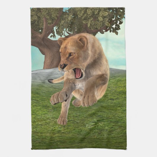 Wilde Löwin Dschungel-Abenteuer-Kunst Geschirrtuch (Vertikal)