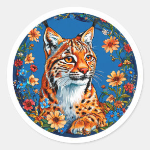 Wilde Luchs Blumenkunst Boho Waldgeist Geschenk Runder Aufkleber