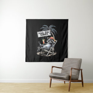 Wilde Mädchen Sommer Strand Lustiger Waschbär Wandteppich