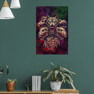 Wilde mehrköpfige Dämon-Wolf-Kunst Poster