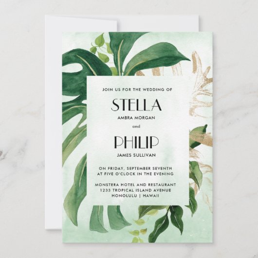 Wilde Monstera-Blätter Hochzeit Einladung (Vorderseite)