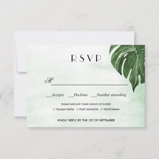Wilde Monstera-Blätter WEDDING RSVP - MEALE WAHL Karte (Vorderseite)