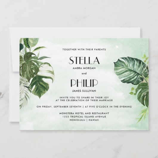 Wilde Monstera Tropische Blätter Horizontal Hochze Einladung (Vorderseite)