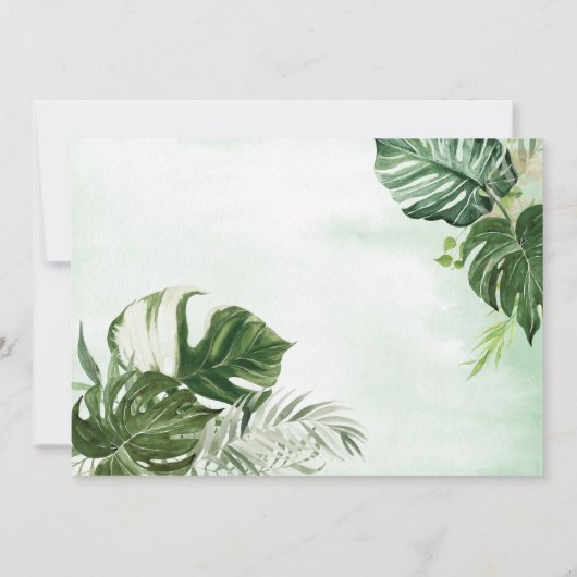 Wilde Monstera Tropische Blätter Horizontal Hochze Einladung (Rückseite)