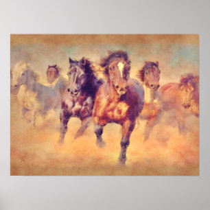 Wilde Mustang-Pferde stürmen Wasserfarben Poster