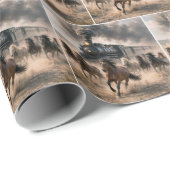 Wilde Mustangs laufen neben einem alten Zug Geschenkpapier (Rolleneckpunkt)