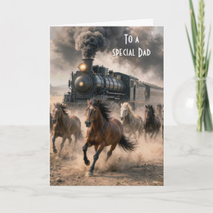 Wilde Mustangs laufen neben einem Vintage-Zug Karte