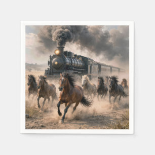 Wilde Mustangs laufen neben einem Vintage-Zug Serviette