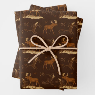 Wilde Natur Elche Vögel Dunkelbraun Rustikale Wäld Geschenkpapier Set