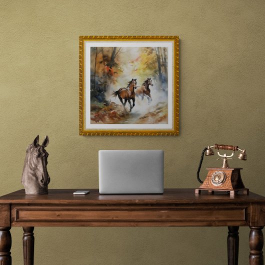 Wilde Pferde, die Wald durchlaufen Wasserfarbe Poster