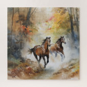 Wilde Pferde, die Wald durchlaufen Wasserfarbe Puzzle (Vertikal)