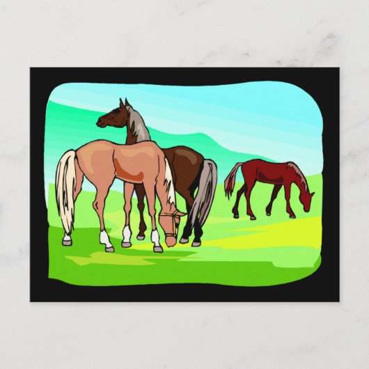 Wilde Pferde essen Graswiesen Feldwiesen Postkarte (Vorderseite)