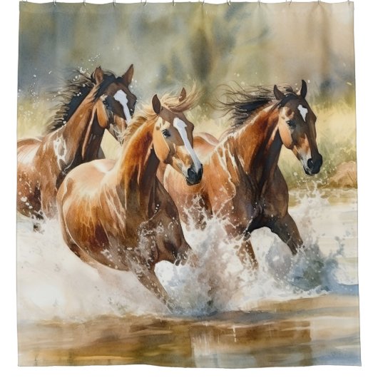 Wilde Pferde mit brauner Wasserfarbe Duschvorhang (Vorderseite)