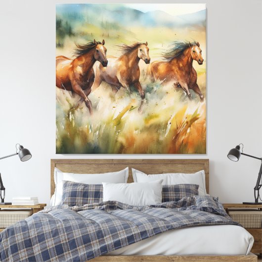Wilde Pferde mit grasbedeckten Feldern Wasserfarbe Leinwanddruck (Insitu (Schlafzimmer))