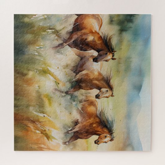 Wilde Pferde mit grasbedeckten Feldern Wasserfarbe Puzzle (Horizontal)