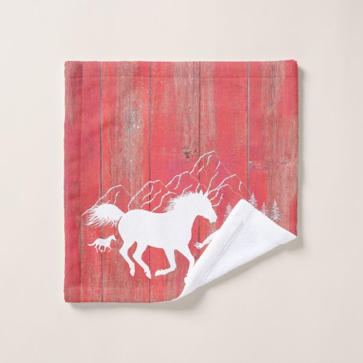 Wilde Pferde Rustikales Rotes Barnholz Badhandtuch Set (Waschlappen)