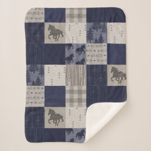 Wilde Pferde Sherpa Blanket - Marine/Beige Sherpadecke