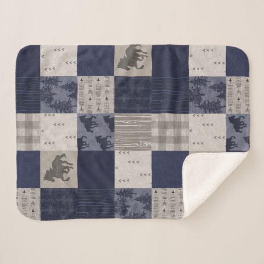 Wilde Pferde Sherpa Blanket - Marine/Beige Sherpadecke (Vorderseite (Horizontal))