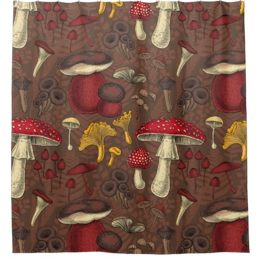 Wilde Pilze auf braun Duschvorhang (Vorderseite)