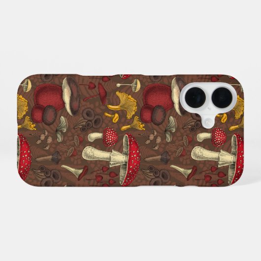 Wilde Pilze auf braun iPhone 16 Hülle (Rückseite (Horizontal))