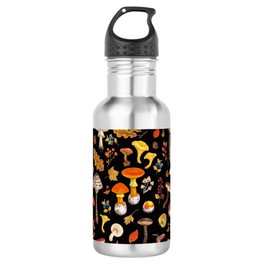 Wilde Pilze auf schwarz Edelstahlflasche (Vorderseite)