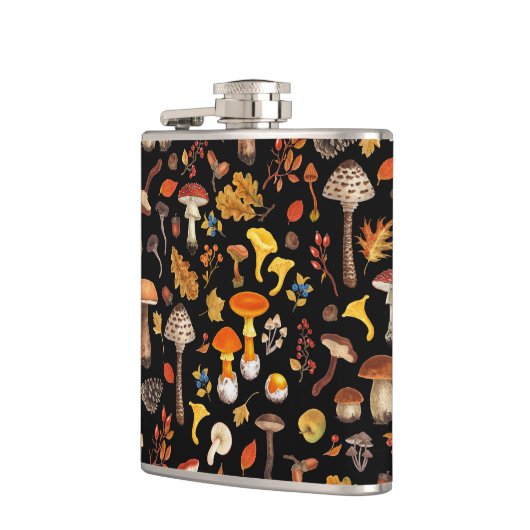 Wilde Pilze auf schwarz Flachmann (Links)