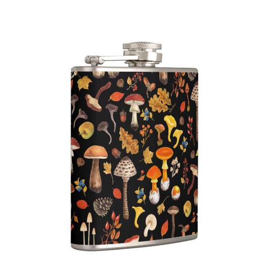 Wilde Pilze auf schwarz Flachmann (Rechts)