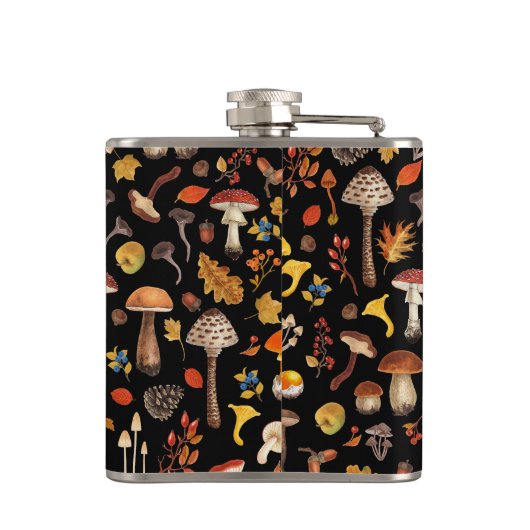 Wilde Pilze auf schwarz Flachmann (Rückseite)