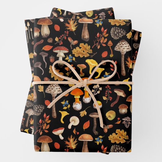 Wilde Pilze auf schwarz Geschenkpapier Set (Beispiel)