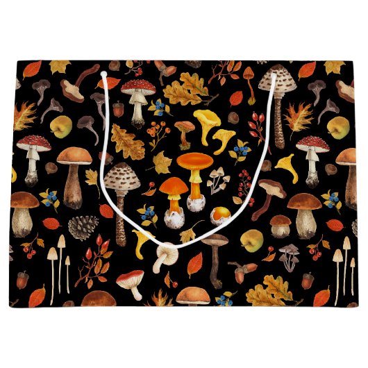 Wilde Pilze auf schwarz Große Geschenktüte (Vorderseite)