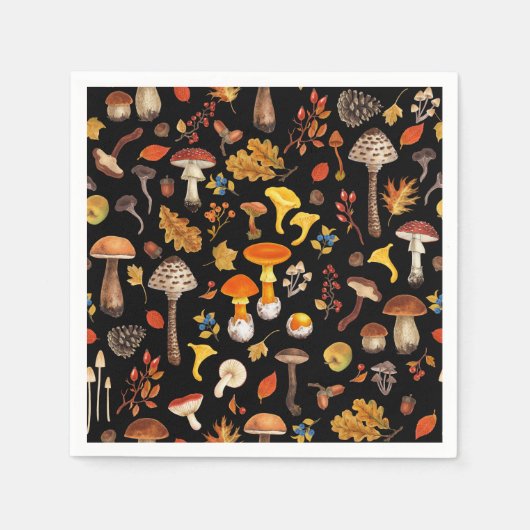 Wilde Pilze auf schwarz Serviette (Vorderseite)