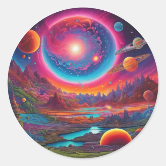 Wilde Planeten Psychedelische Kunst Runder Aufkleber (Vorderseite)
