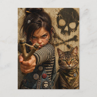 Wilde Rebellin mit Schleuder und cooler Katze Postkarte