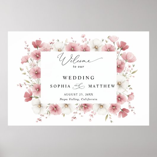 Wilde rosa Blumen Hochzeit Poster (Vorne)