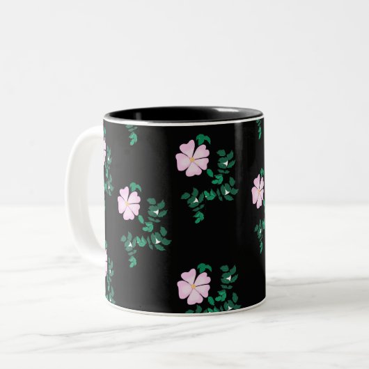 Wilde Rose - Blumenmuster auf schwarzem Hintergrun Zweifarbige Tasse (Vorderseite Links)
