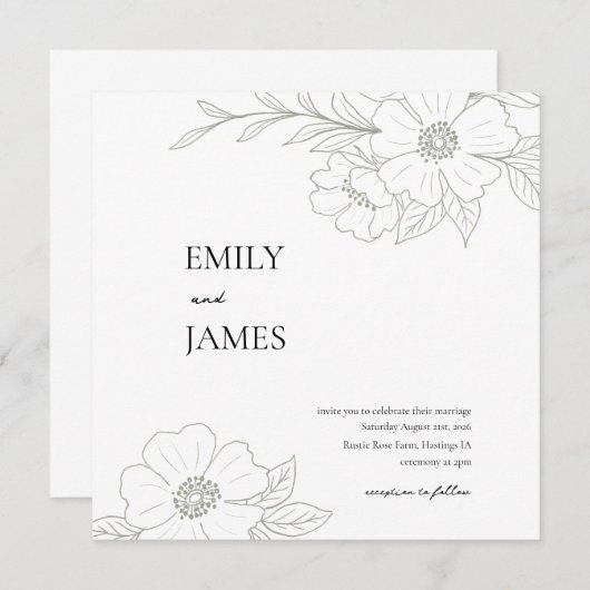 Wilde Rose Einfache Hochzeit Einladung in Sage (Vorne/Hinten)