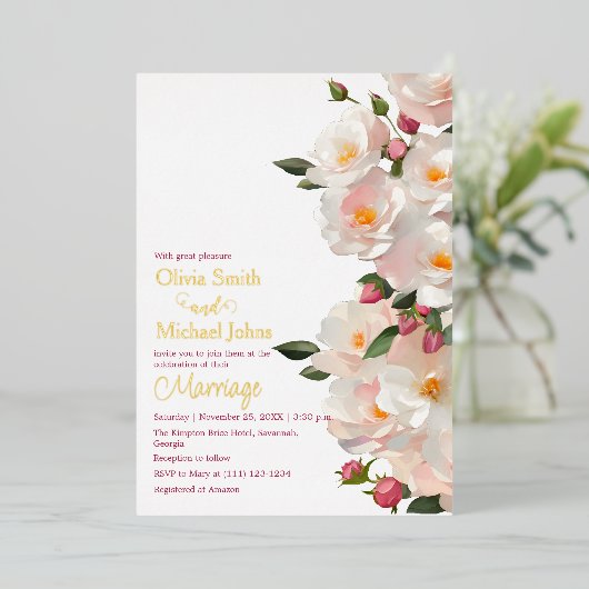 Wilde Rose Elegante Hunde Rose Einladung Hochzeit (Stehend vorne)