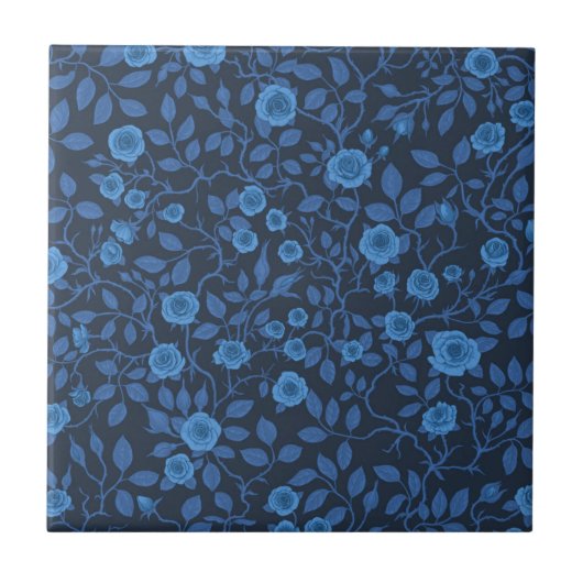 Wilde Rose in blau Fliese (Vorderseite)