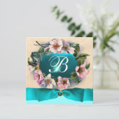 WILDE ROSE MIT AQUA BLAU, AQUAMARINEM RIBBON, MONO EINLADUNG (Stehend Vorderseite)