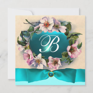 WILDE ROSE MIT AQUA BLAU, AQUAMARINEM RIBBON, MONO EINLADUNG