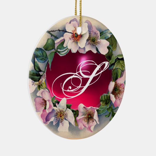 WILDE ROSE MIT PINK FUCHSIA GEM STONE MONOGRAM KERAMIKORNAMENT (Rechts)