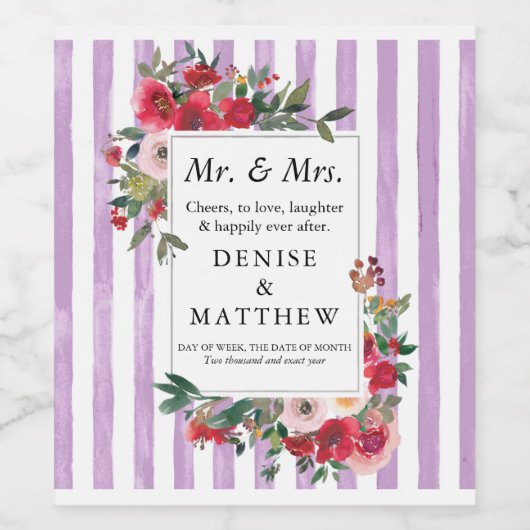 Wilde Rose und Digital Lavendel Streifen Weinetike Weinetikett (Einzelnes Label)