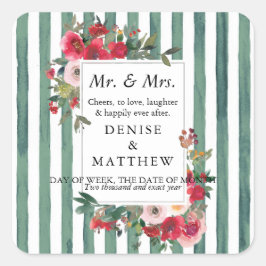 Wilde Rose und grüne Streifen Weinetikett Quadratischer Aufkleber