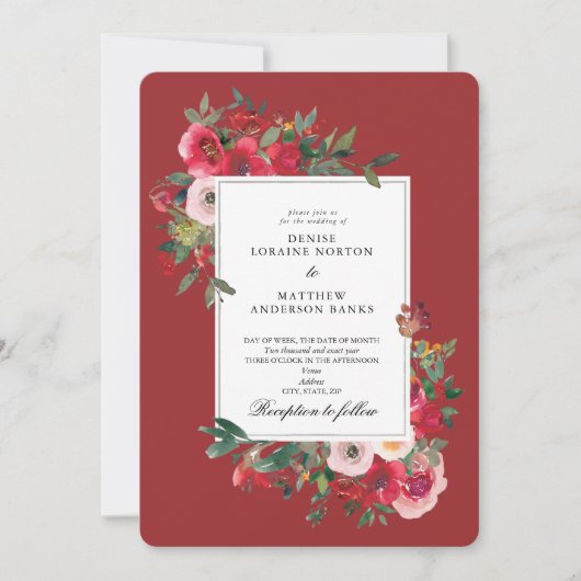Wilde Rose und Lava Red Wedding Einladung (Vorderseite)
