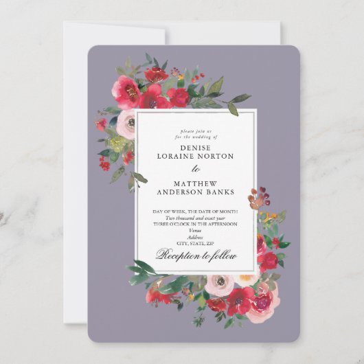 Wilde Rose und Lavendel Grau Einladung (Vorderseite)
